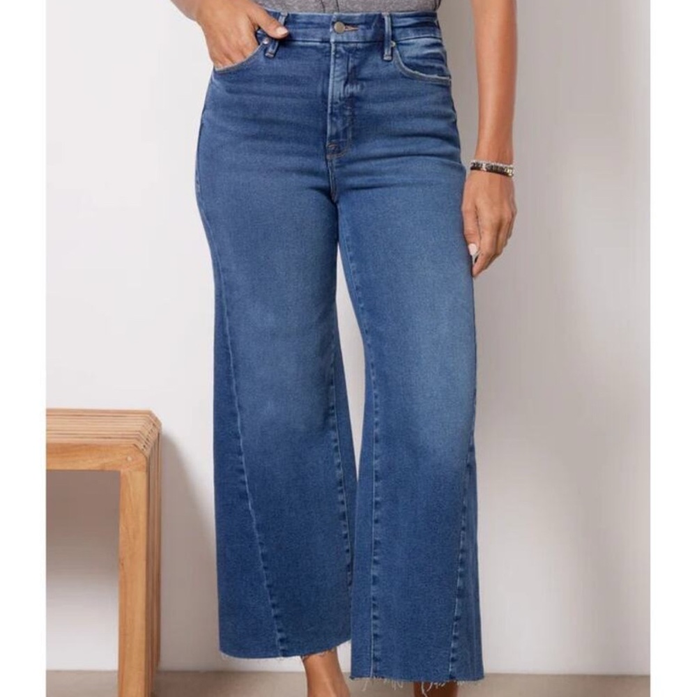 Good American Size 6/28 Good Waist High Rise Palazzo Cropped Denim Jeans Comfort
